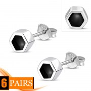 Tiny Black Onyx Hexagon Silver Stud Earrings, e372